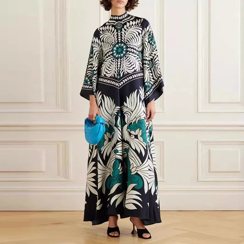 Ellen's Loose Printed Maxi Dress with flare long sleeves