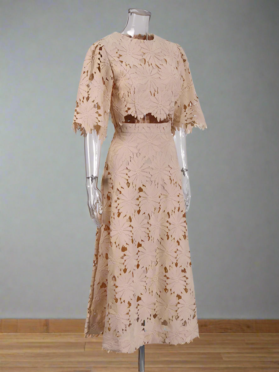 Beige lace outfit set on a mannequin against a white background