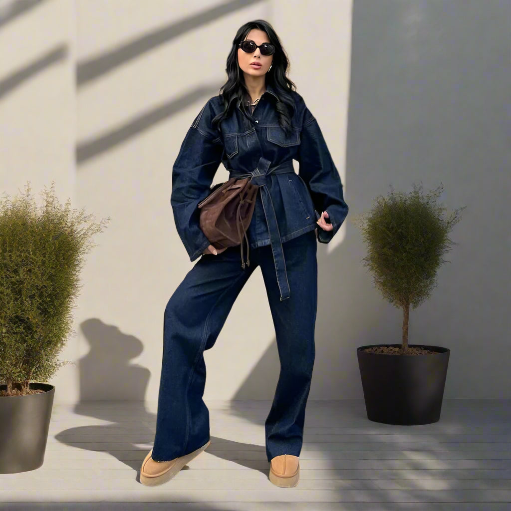 Julie's Casula, Elegant, Stylish, Trendy, Wide Leg, Long Jacket, Denim Outfit sets