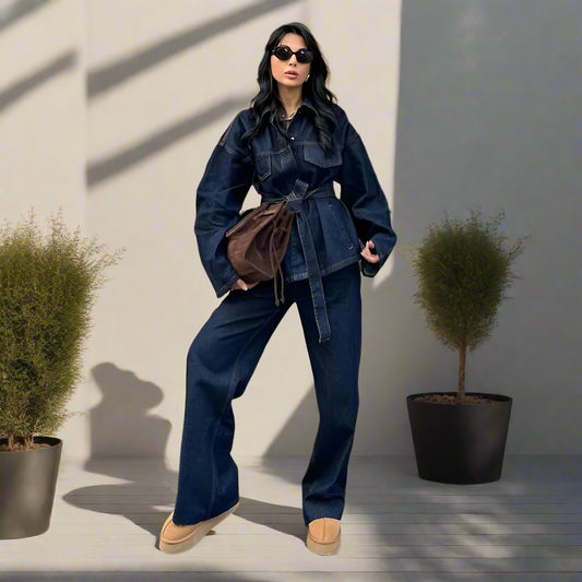 Julie's Casula, Elegant, Stylish, Trendy, Wide Leg, Long Jacket, Denim Outfit sets