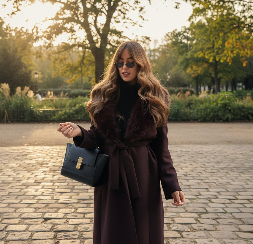 Woman in a brown coat and sunglasses in an open sunny park