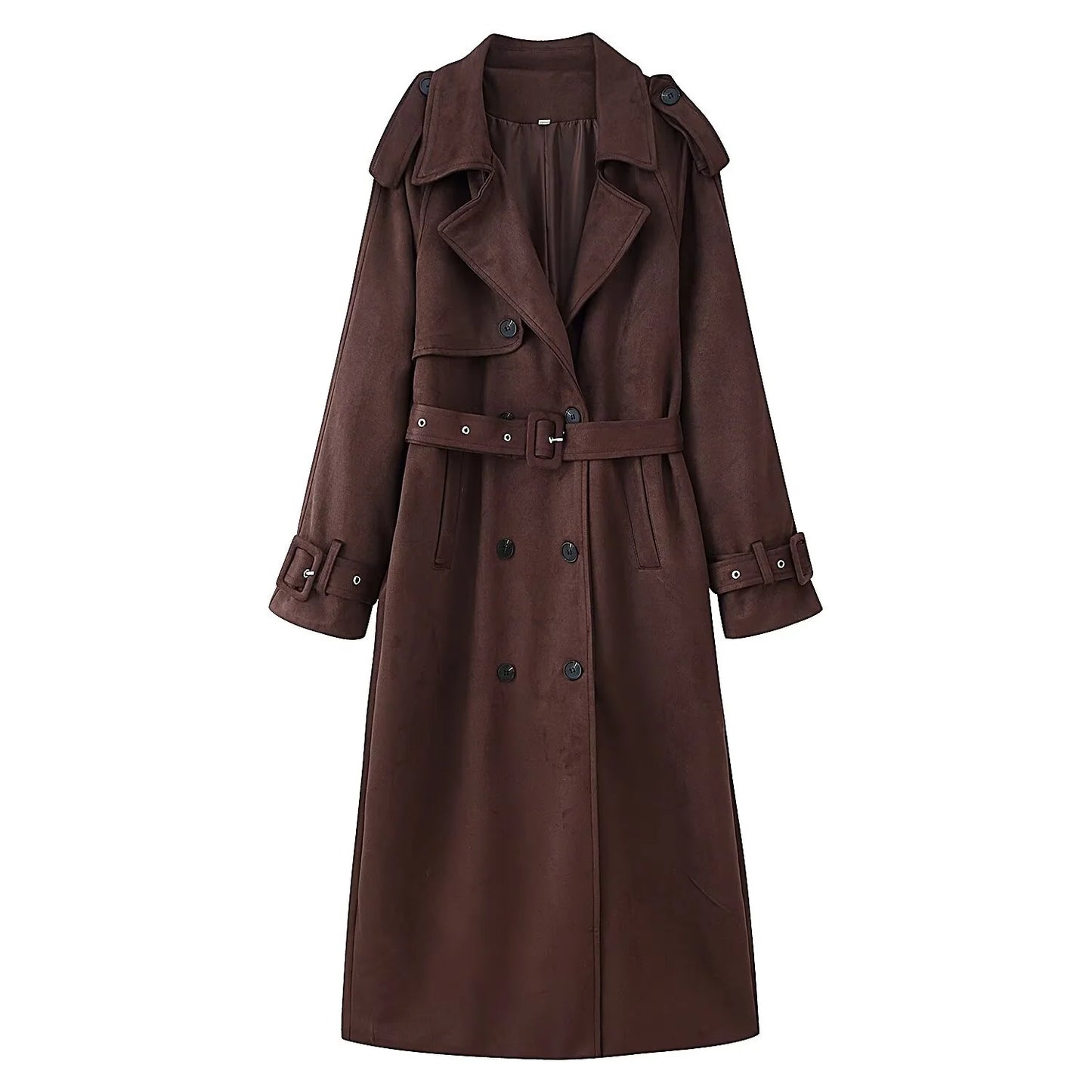 Sally's Solid, Suede, Winter, Double Breasted Stylish, Chic, Trendy, Long, Trench Coat