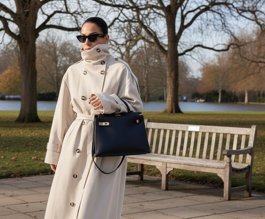 Person wearing a long beige coat holding a black handbag indoors.