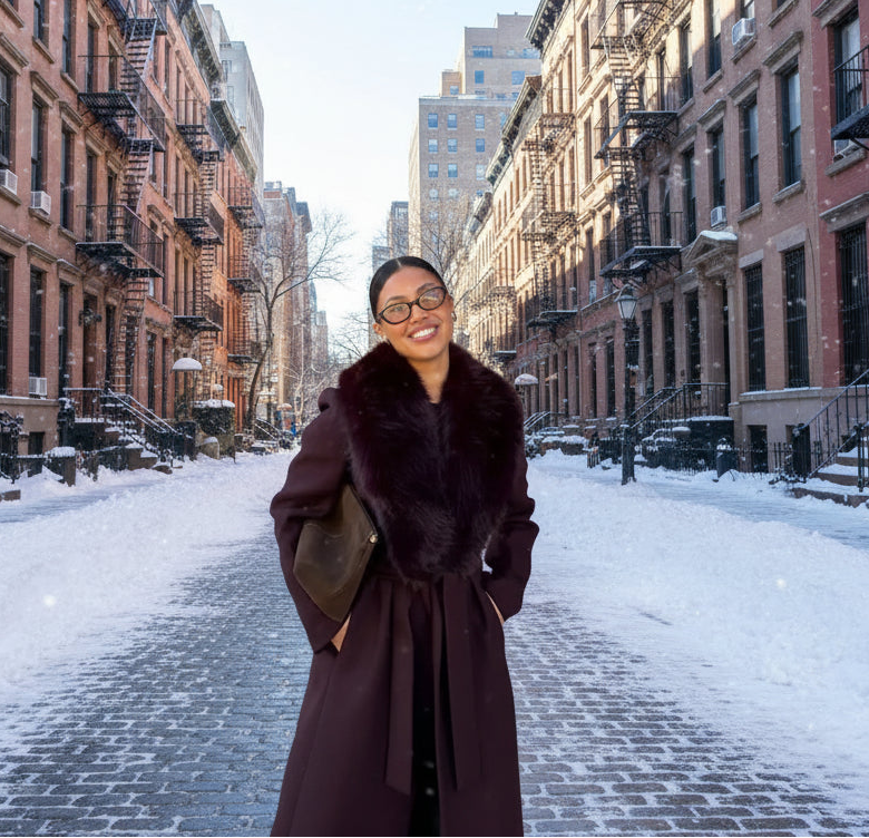 Person wearing a dark coat standing in front of snowy street