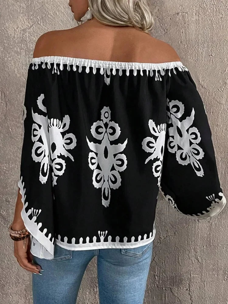 Dina's Loose, Casual, Trendy, Stylish, Boho, Off-shoulder, Printed Sleeves Blouse