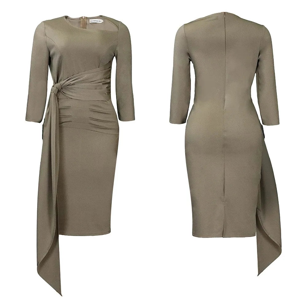 Yousra's Professional, Skew Neck, Sheath Profile, Sleeves, office Style, Midi Dress