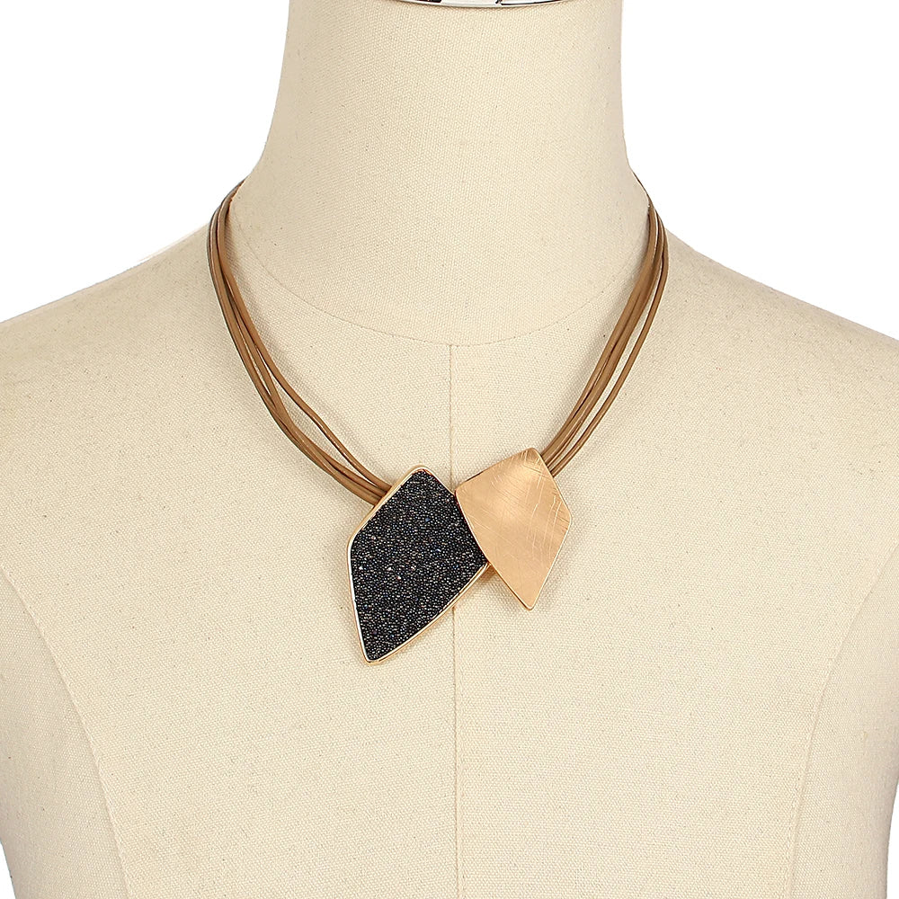 Rein's Irregular geometric design Necklace- Boho Leather chain (Silver, Gold)