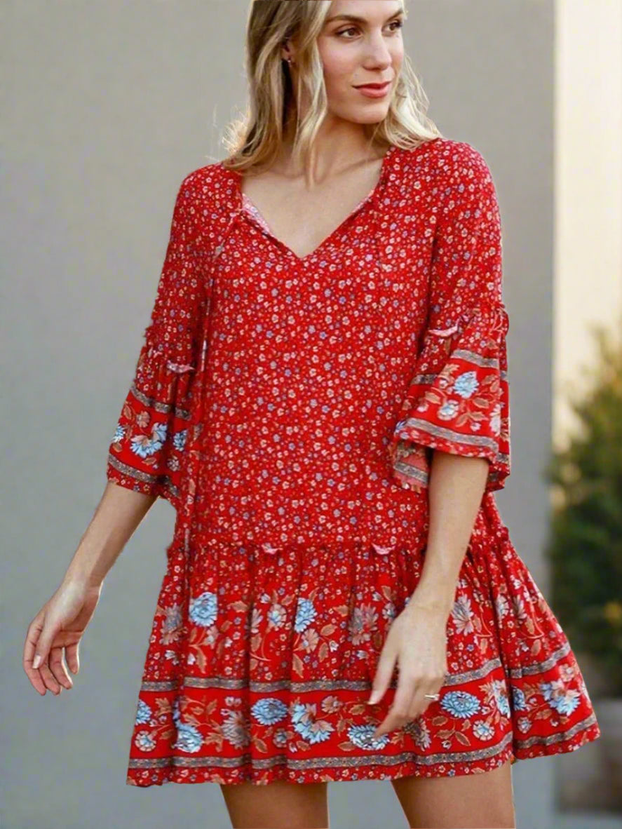 Yosra's  Hippie, Vintage, Stylish, Trendy, Loose, Floral, Ruffles, Print, Floral, Bohemian, Mini Dress