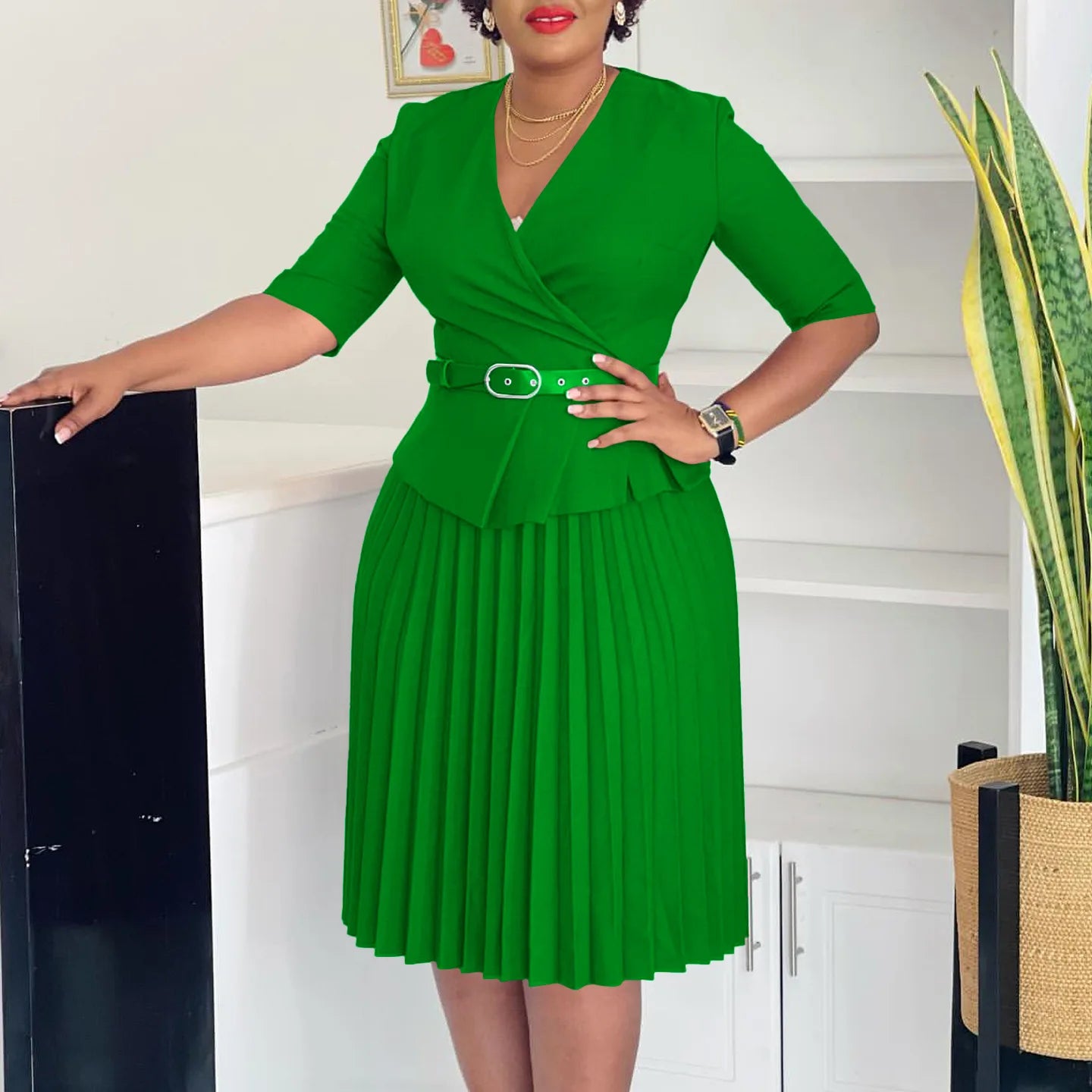 Liz's Plus size, stylish, trendy, Pleated, Temperament, V-Neck, Midi, Office Dress