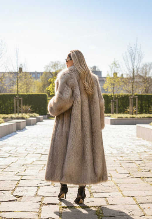 Person wearing a long fur coat