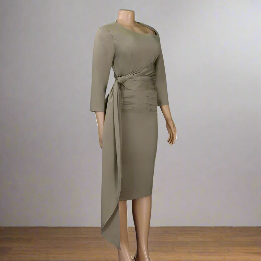Yousra's Professional, Skew Neck, Sheath Profile, Sleeves, office Style, Midi Dress