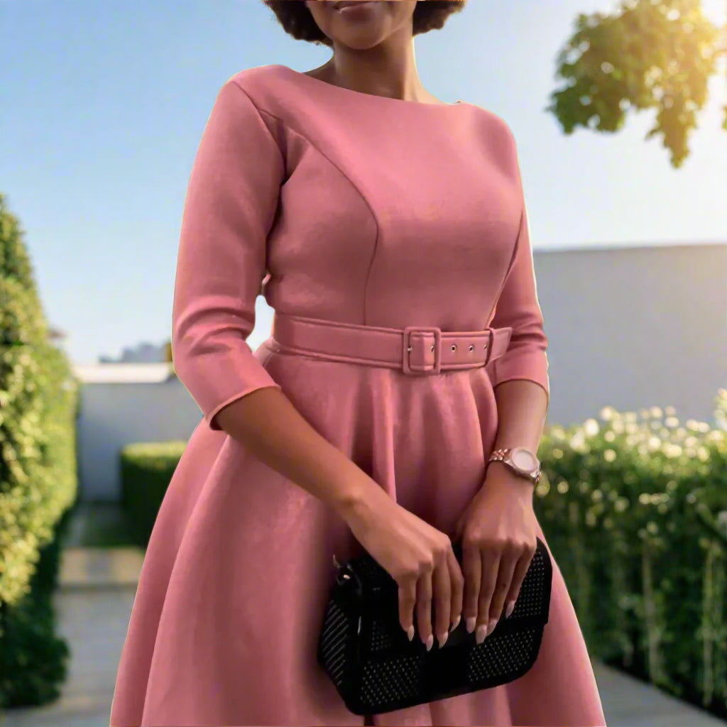 Deborah's Stylish, Formal, Trendy, A-Line, Classy, Sleeves, Belted, Midi, Office Dress