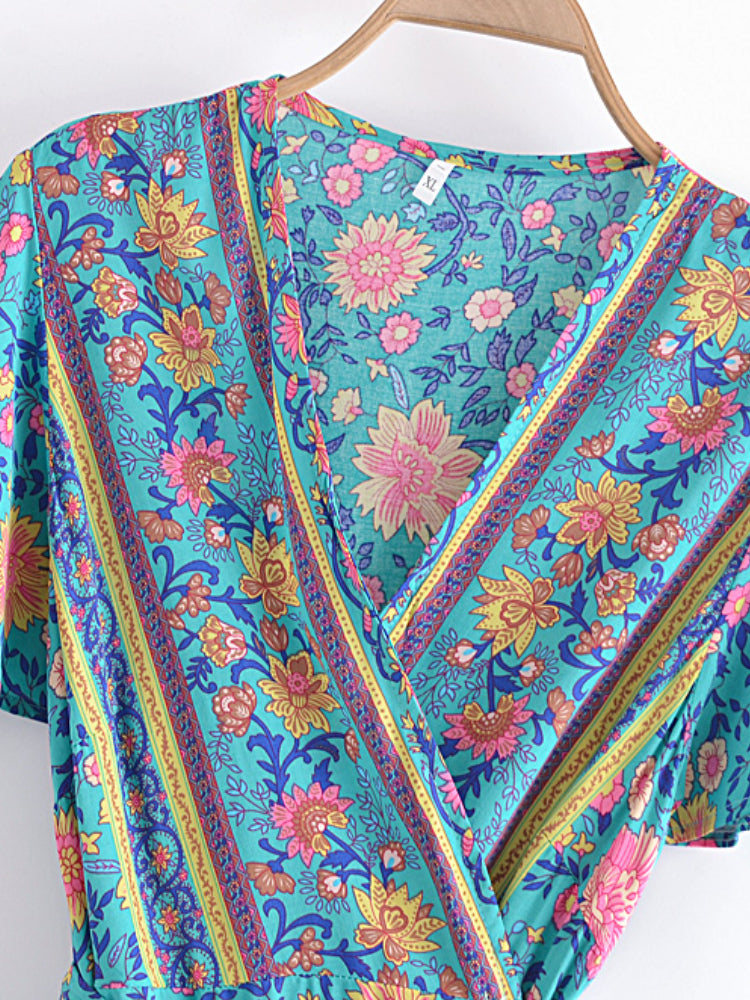 Kimmy's Hippie, Vintage, Stylish, Trendy, Boho, V-Neck, Floral, Printed, Bohemian, Mini Dress
