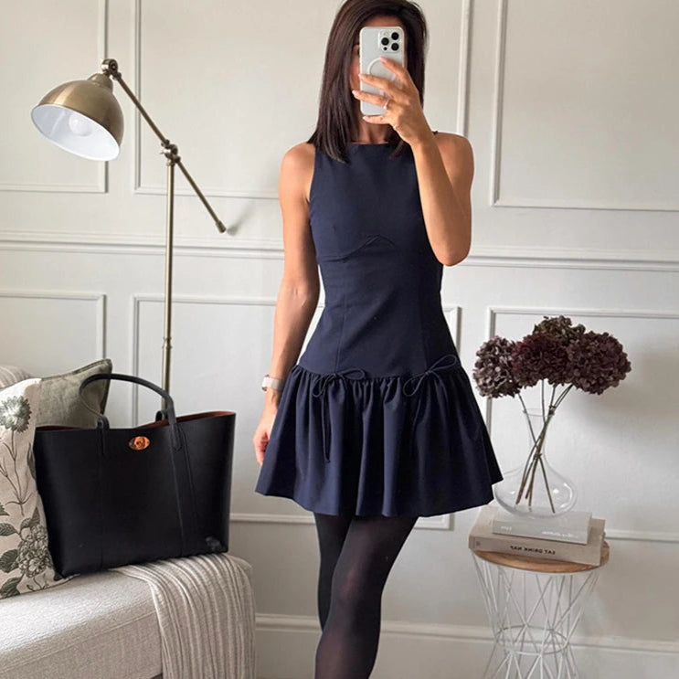 Elena's Party, Sleeveless, Solid Color, Stylish, Trendy, Pleated, Mini Dress