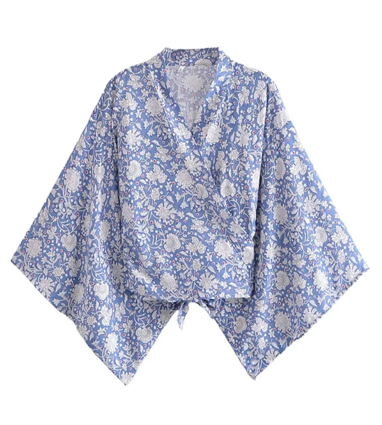 Blue floral kimono on a white background