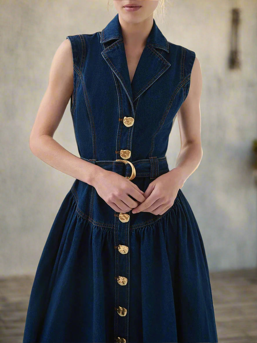 Navy blue dress with gold buttons on a white background