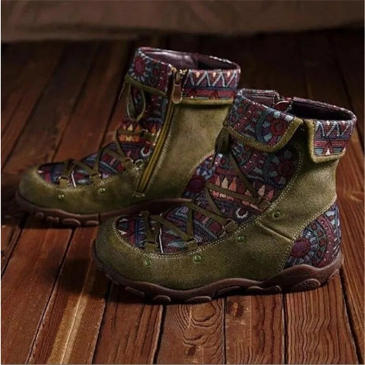 Eve's Flat boots PU leather retro style with canvas pattern