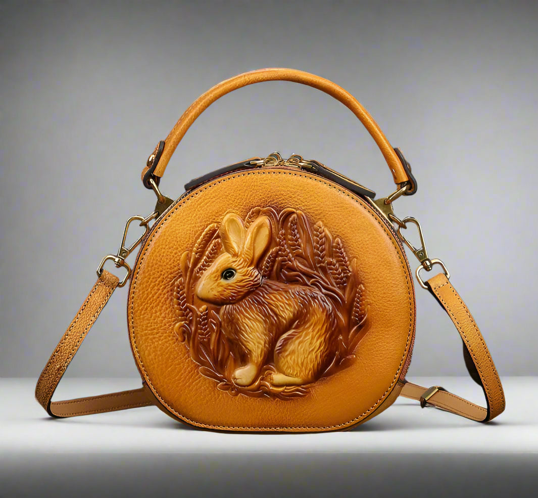 Karma's Genuine Leather, Round Shape, Vintage, Stylish, Retro, Rabbit Embossed, Shoulder Bag