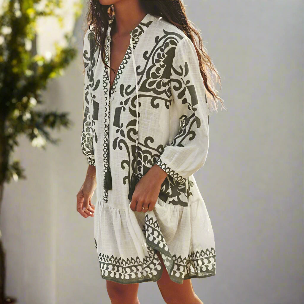 Tina's Boho, Printed, Loose, Vintage, Retro, Stylish, Elegant, Long Sleeves, Above Knee, Mini Dress