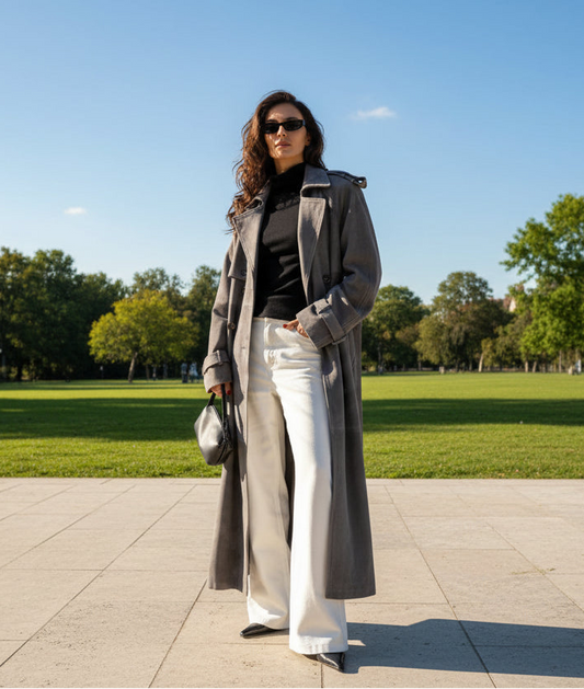 Woman wearing a long gray coat, black top, and white pants in an open park