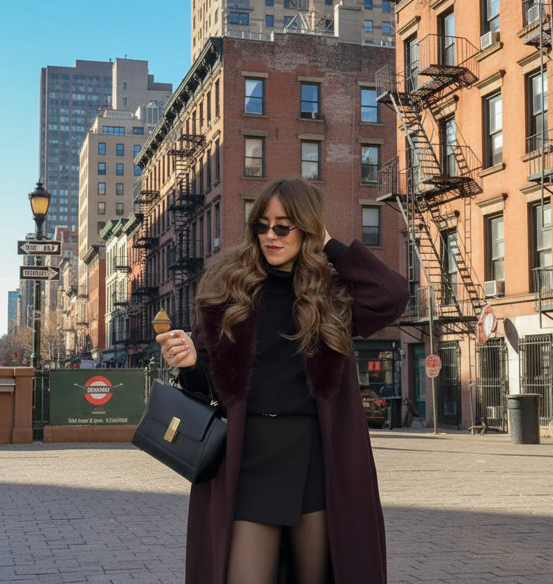 Woman in a long dark coat and sunglasses standing on a city street.