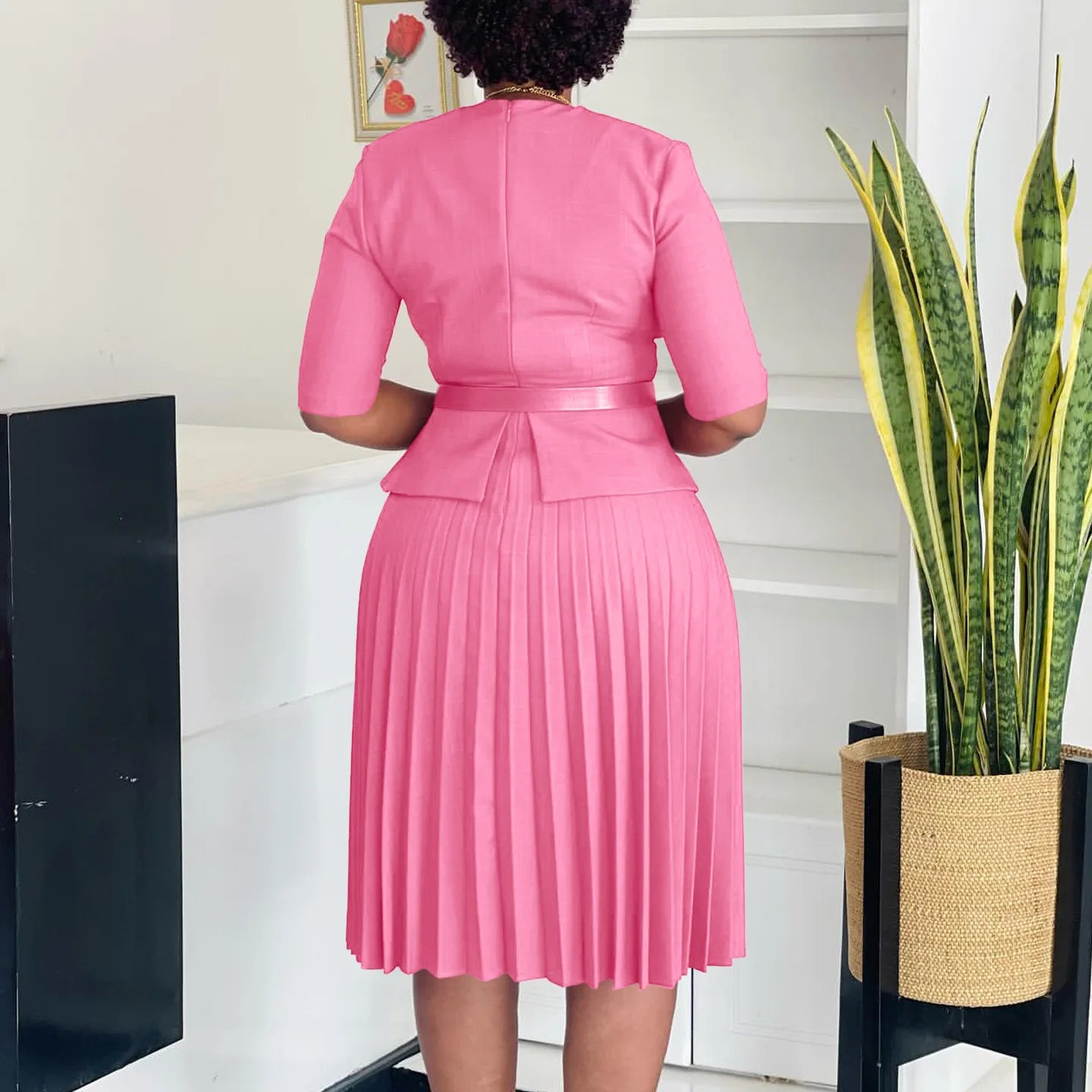 Liz's Plus size, stylish, trendy, Pleated, Temperament, V-Neck, Midi, Office Dress