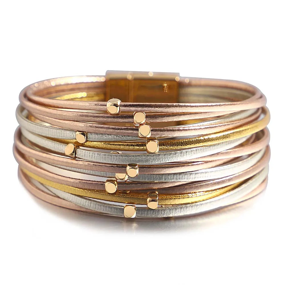 Tanya's Triple Color Leather Bohemian Metal Beads Multilayer Thin Strip Wrap Bracelets