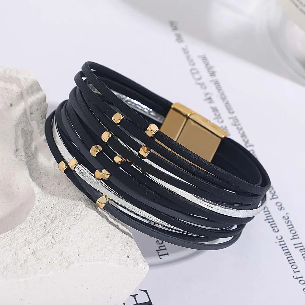 Tanya's Triple Color Leather Bohemian Metal Beads Multilayer Thin Strip Wrap Bracelets