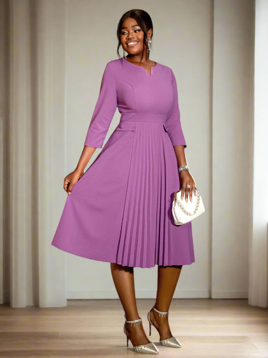 Gillan's Plus Size, Purple, Trendy, Stylish, Midi, Knee, Pleated, Office, Formal Dress