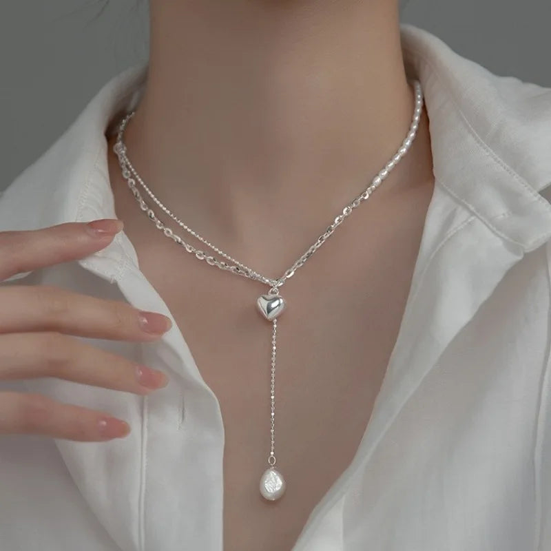 Lina's 925 silver, Trendy, Stylish, Tassel Chain Choker, Pearl Heart, Fine Necklace