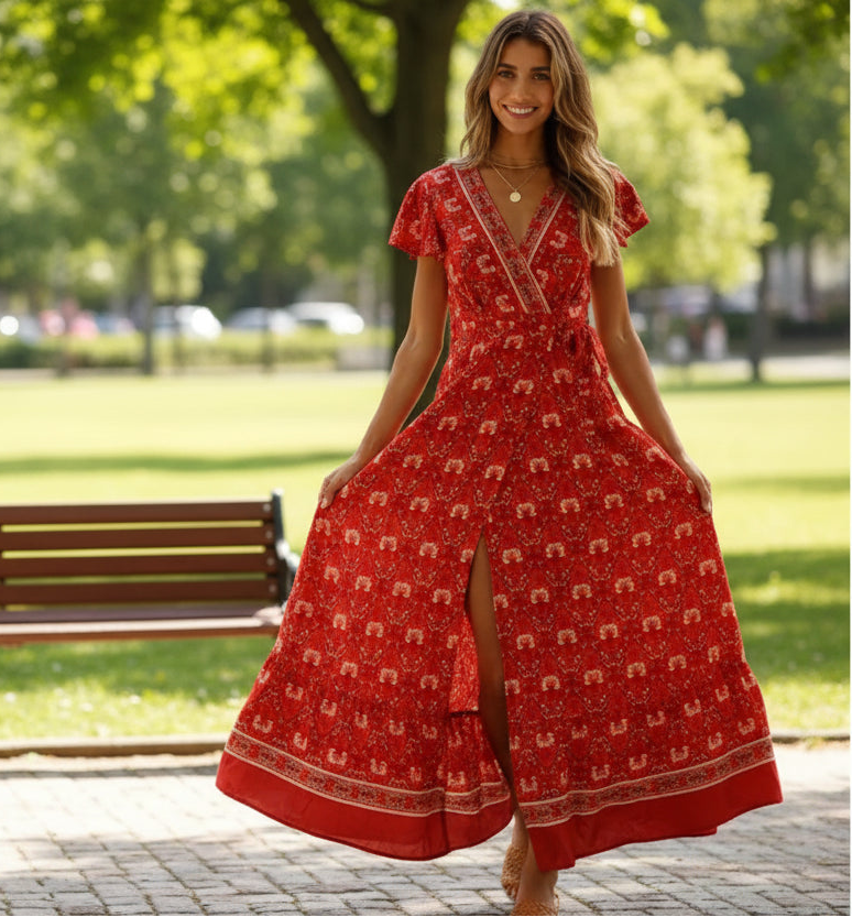 Woman wearing a red dress with a pattern in a sunny park