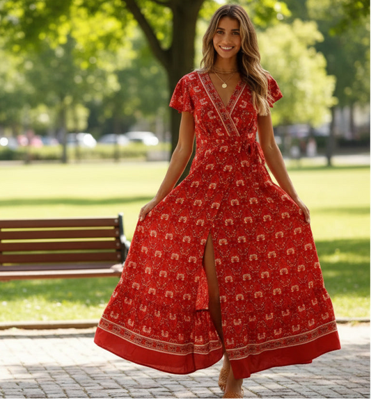 Woman wearing a red dress with a pattern in a sunny park