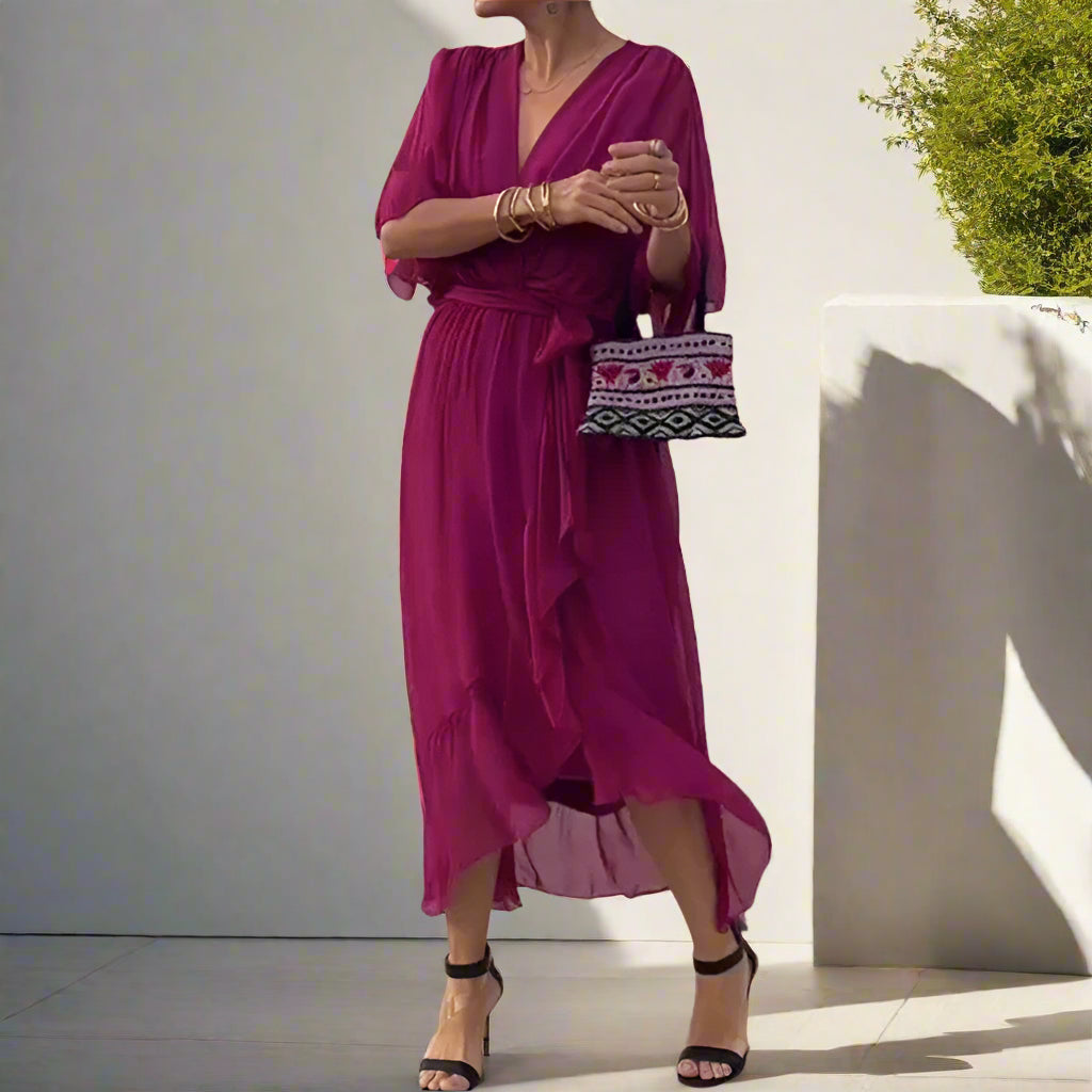 Iman's Irregular, Loose, Stylish, Trendy, V-Neck, Fluffy, Half Sleeves, Midi Dress