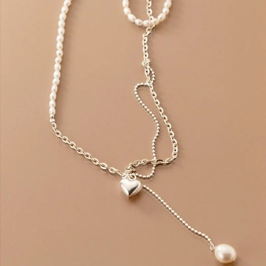 Lina's 925 silver, Trendy, Stylish, Tassel Chain Choker, Pearl Heart, Fine Necklace