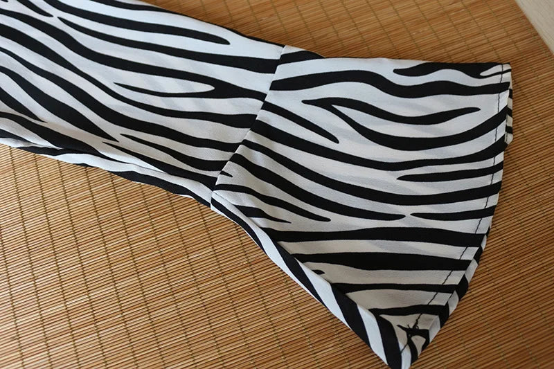 Zoe's Elegant, Zebra Print, Long Petal Sleeves, Trendy, Elegant, Stylish, Ruffles, Cross Pullover, Midi Dress