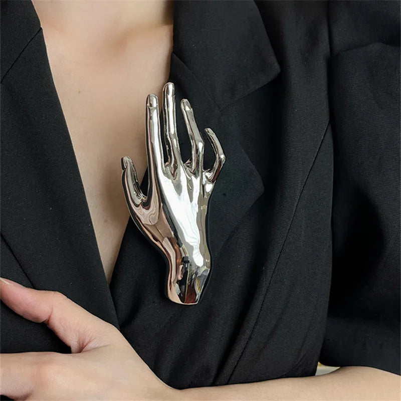 Yara's Metal Smooth Double Palm Hand-shaped Large Brooch- Silver, Gold