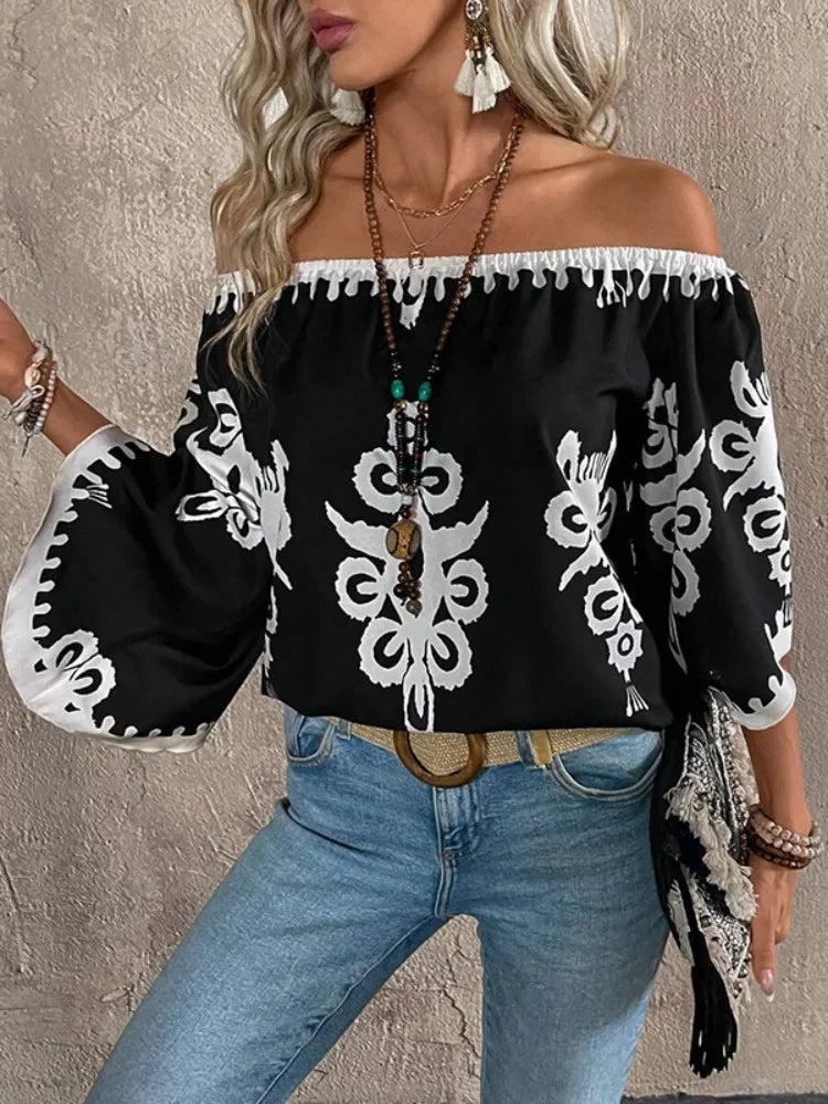 Dina's Loose, Casual, Trendy, Stylish, Boho, Off-shoulder, Printed Sleeves Blouse