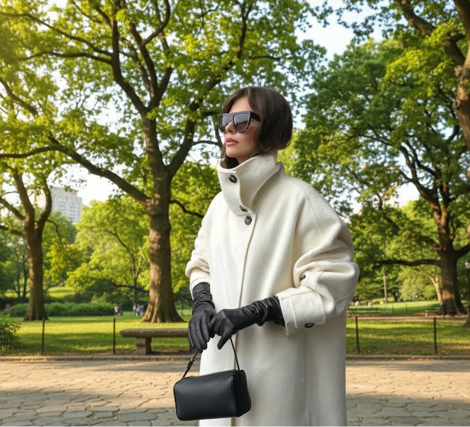 Woman wearing a white coat, black gloves, and sunglasses outdoors.