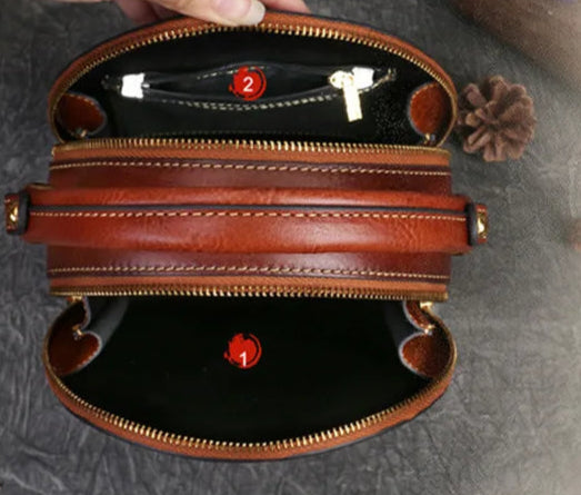 Karma's Genuine Leather, Round Shape, Vintage, Stylish, Retro, Rabbit Embossed, Shoulder Bag