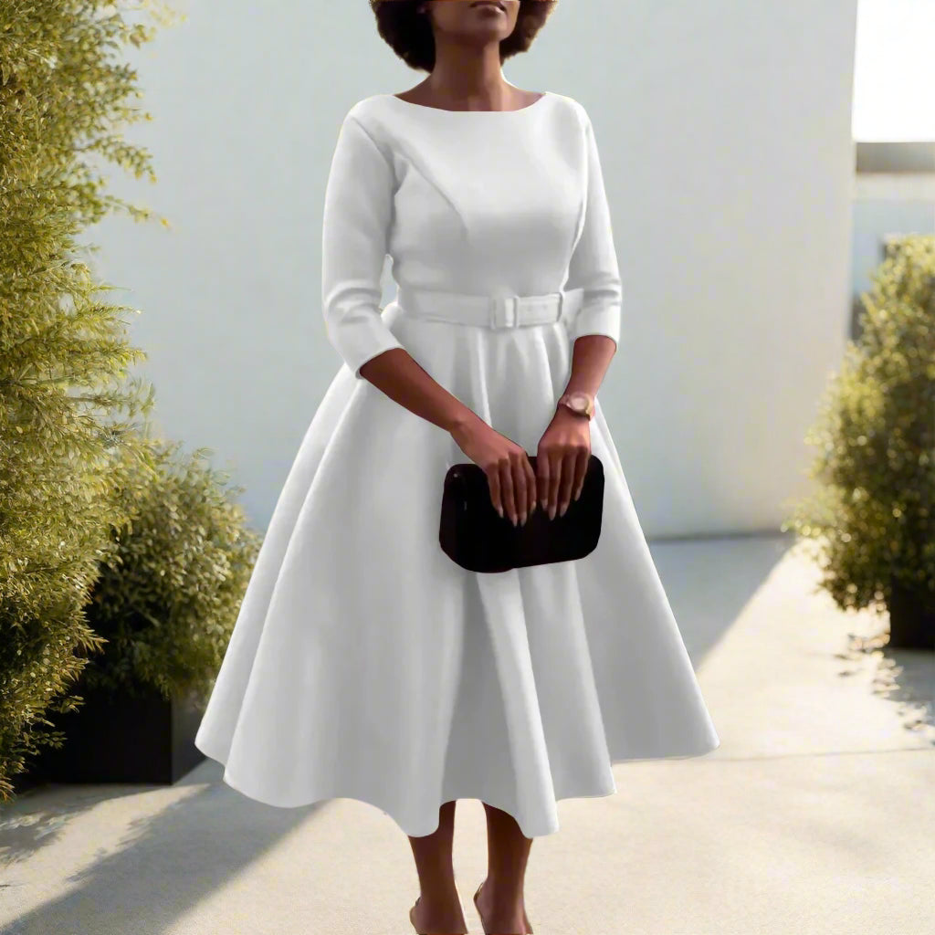 Deborah's Stylish, Formal, Trendy, A-Line, Classy, Sleeves, Belted, Midi, Office Dress