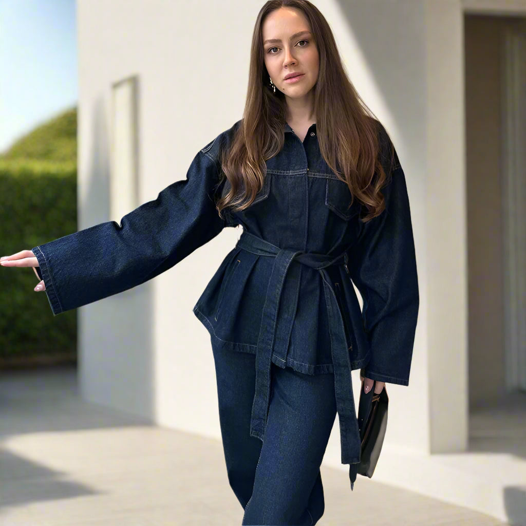 Julie's Casula, Elegant, Stylish, Trendy, Wide Leg, Long Jacket, Denim Outfit sets