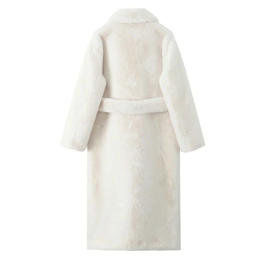 Linda's White, Faux Fur, Trendy, Stylish, Elegant, Long, Warm, Single breasted, Belted Coat