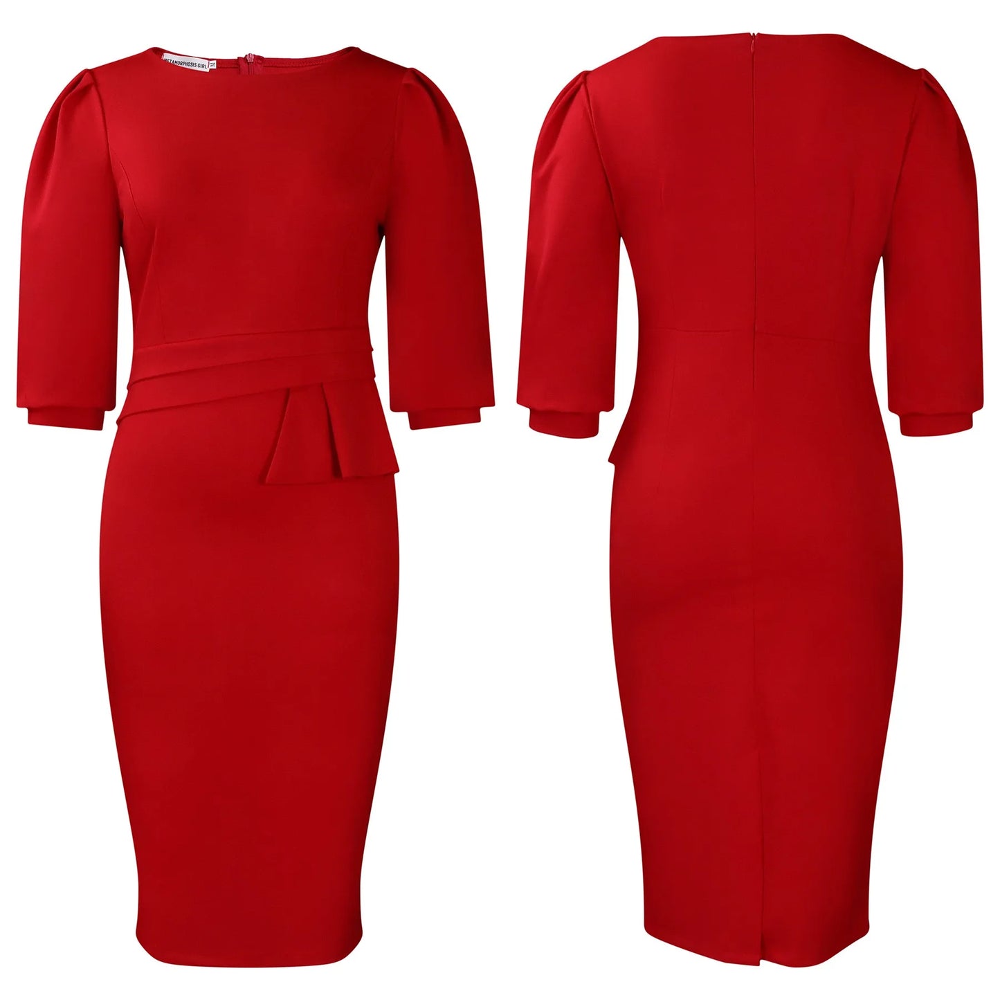 Huda's Sheath, Solid Color, Trendy, Stylish, Vintage, Midi, 3/4 Sleeves, Fit, Office Dress