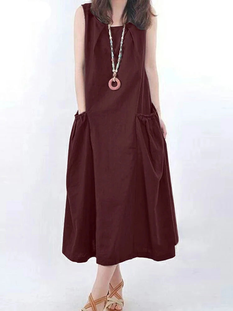 Ann's Loose Casual Sleeveless Long Dress with pockets