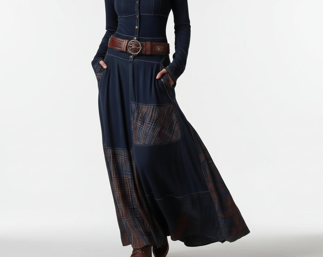Long, dark blue patchwork skirt with plaid patterns on a neutral background