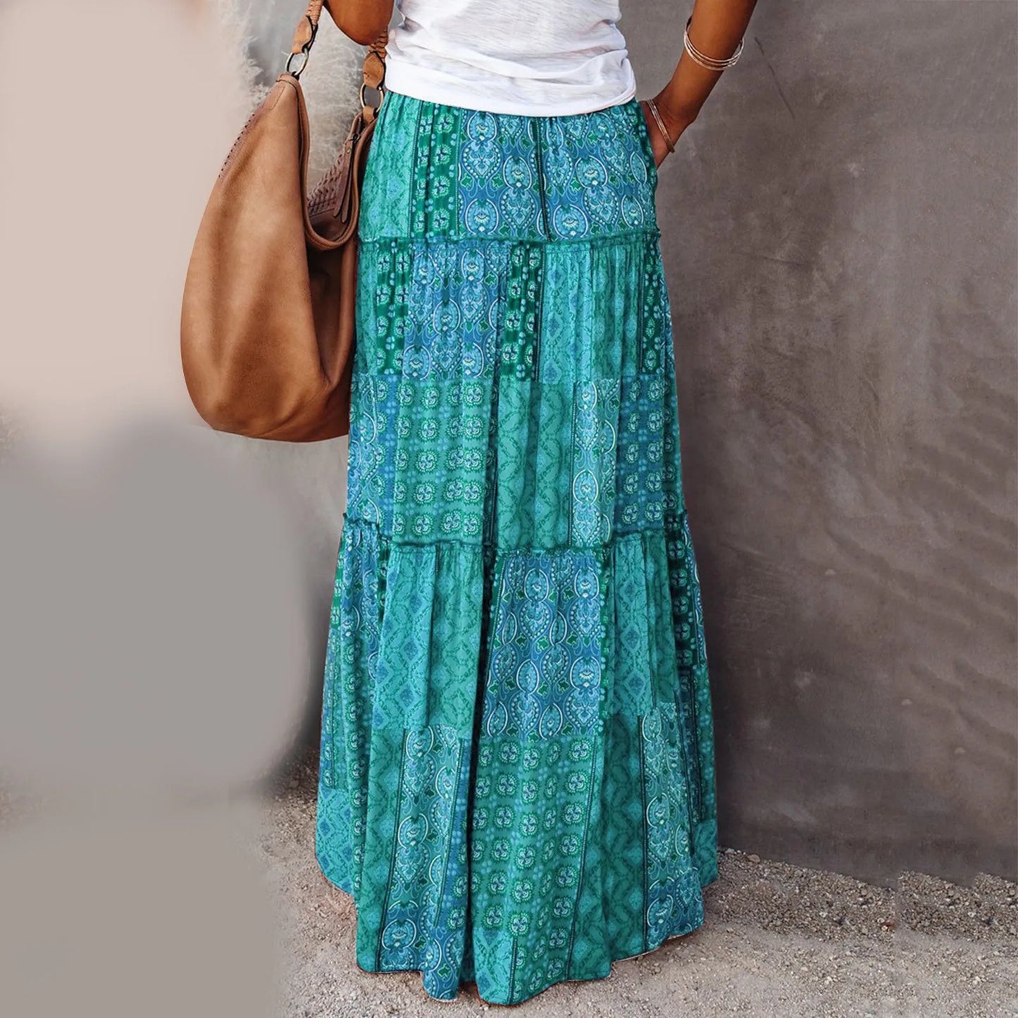 Vivian's elastic waist casual boho Maxi skirt with elastic waist