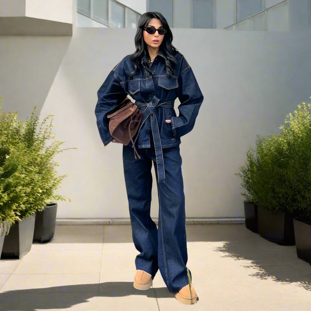 Julie's Casula, Elegant, Stylish, Trendy, Wide Leg, Long Jacket, Denim Outfit sets