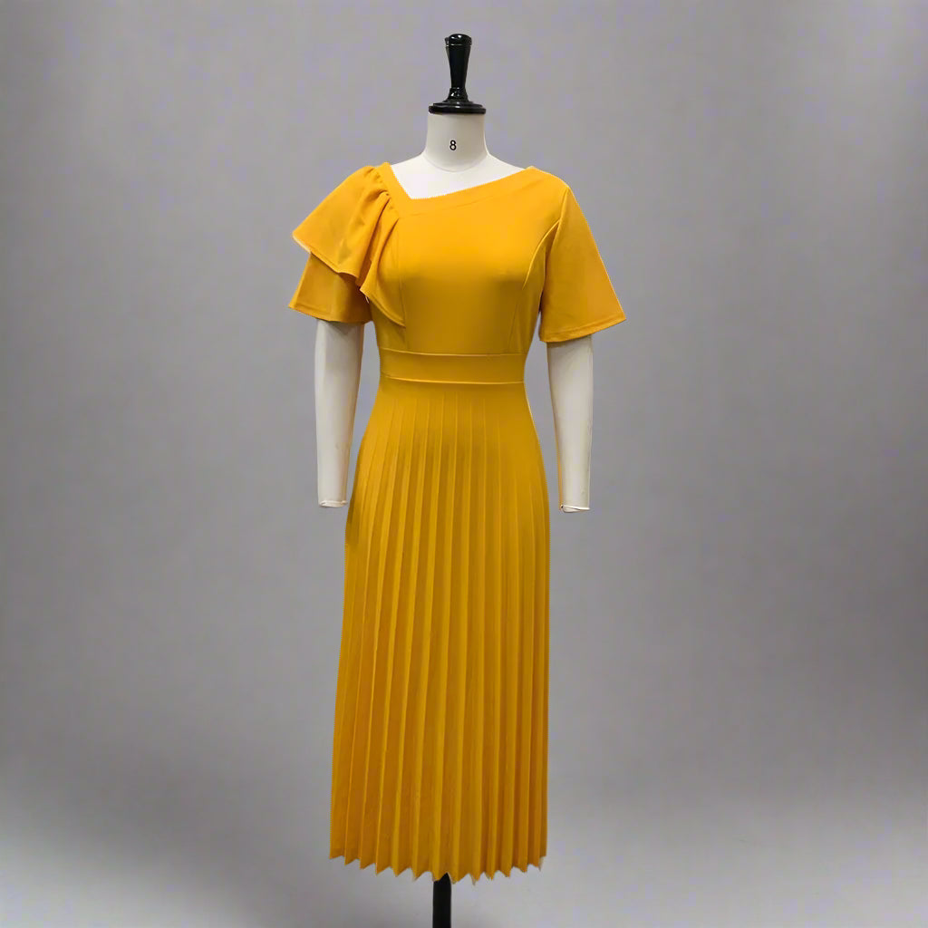 Dana's Pleated, stylish, Trendy, Vintage, Ruffles, short Sleeves, Midi, Office Dress