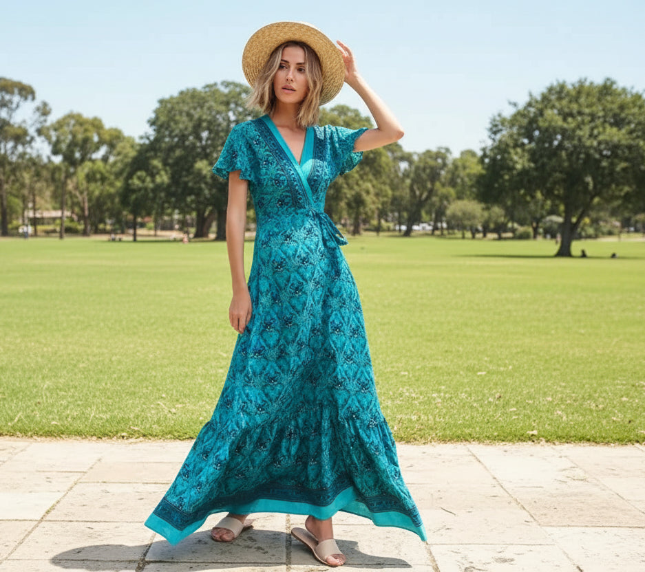 Woman in a teal rayon boho dress and hat standing outdoors with plants and flowers in the background