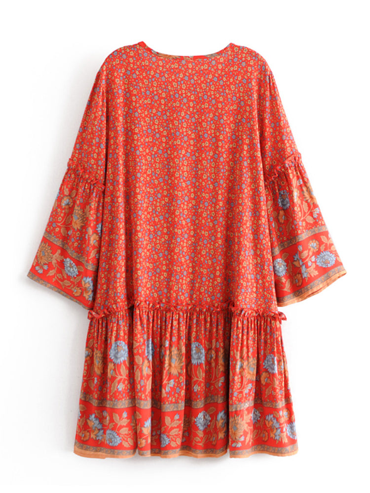 Yosra's  Hippie, Vintage, Stylish, Trendy, Loose, Floral, Ruffles, Print, Floral, Bohemian, Mini Dress